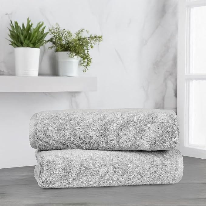 Amazon Basics 2 Piece Quick-Dry Oversize Bath Towel, 100% Cotton, Platinum, 54" x 30"