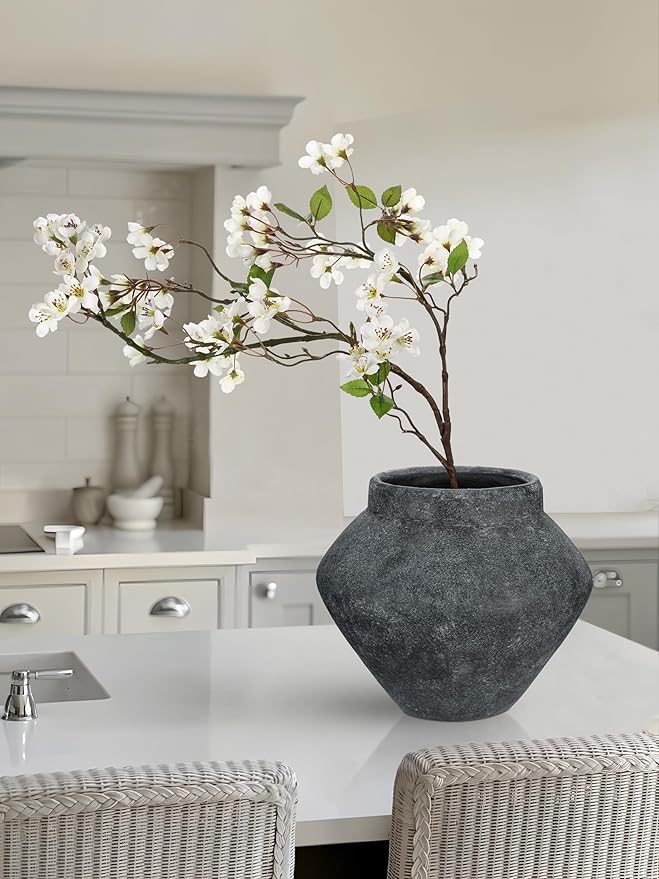 Briful Large Rustic Ceramic Vase with Distressed Finish, 8.2'' Tall Wide-Belly Decorative Flower Vases with Felt Pads, Retro Style Pottery for Home Decor, Table Centerpiece, Black