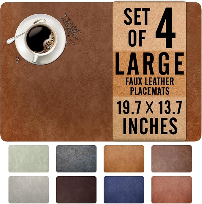 UnivoColors Washed Cowhide Pattern Faux Leather Big Size Placemats Set of 4, Waterproof Easy to Clean Anti-Slip PU Table Mats for Party Decoration19.7″×13.6″,Red Brown Retro Cowhide Pattern