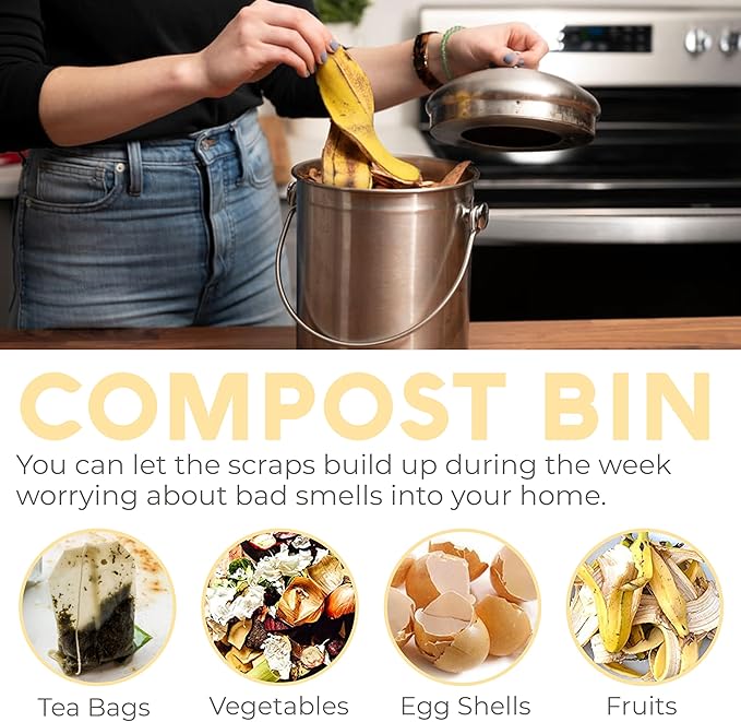 EPICA Countertop Compost Bin Kitchen | 1.3 Gallon | Odorless Composting Bin with Carbon Filters | Indoor Compost Bin with Lid | Stainless Steel Kitchen Composter for Food Scraps & Waste Recycling