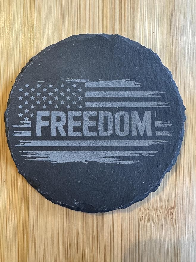 Freedom Natural Slate Coaster with American Flag Design, Black Stone, Patriotic Home Decor, Rustic Drink Holder Set of 4