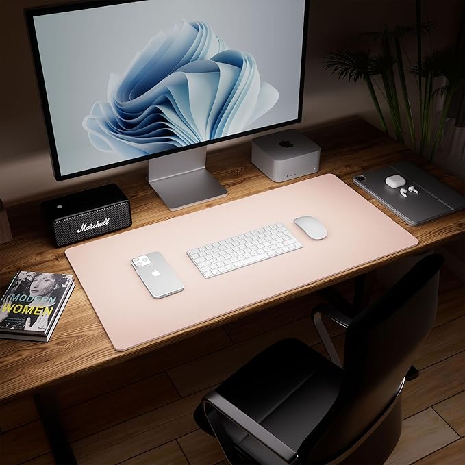 Aothia Double-Sided Desk Pad – 25.6"x13.7" Large Mouse Pad, Leather Desk Mat with Eco Cork Protector, Waterproof Desk Blotter for Office/Home (Pink)