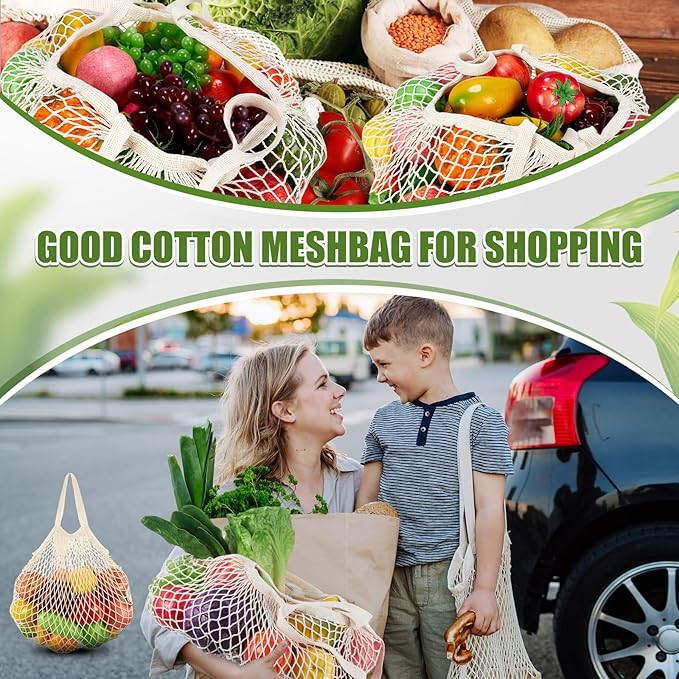 SATINIOR Large Cotton Mesh Grocery Bags 16x16x12 Inch Reusable Washable Cotton String Shopping Bags Beige Produce Containers