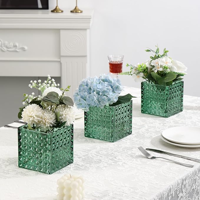 Square Vases Set of 6, 5" x 5" x 5" Square Glass Vases for Flowers, Green Flower Vase for Centerpieces, Small Bubble Vase for Wedding, Party, Home, Office, Parties, Events