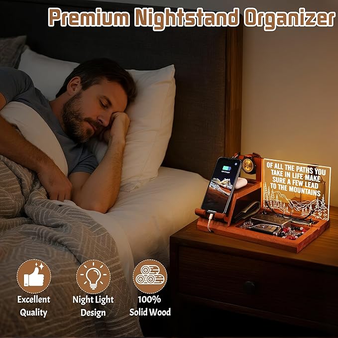 Attivolife LED Phone Dock Gift for Men with Night Light - Desk Organizer & Charging Station for Phone, Keys, Wallet, Watch - Best Father's Day Birthday Anniversary for Him, Husband, Boyfriend