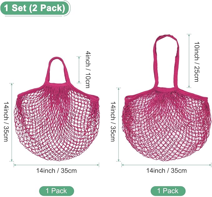 2-Pack Cotton Mesh Bag, Reusable Washable Mesh Net String Grocery Bags, Reusable Produce Bags with Handle, Net Tote Bag for Fruits/Vegetables Shopping [Rose Red, Long&Short Handle]