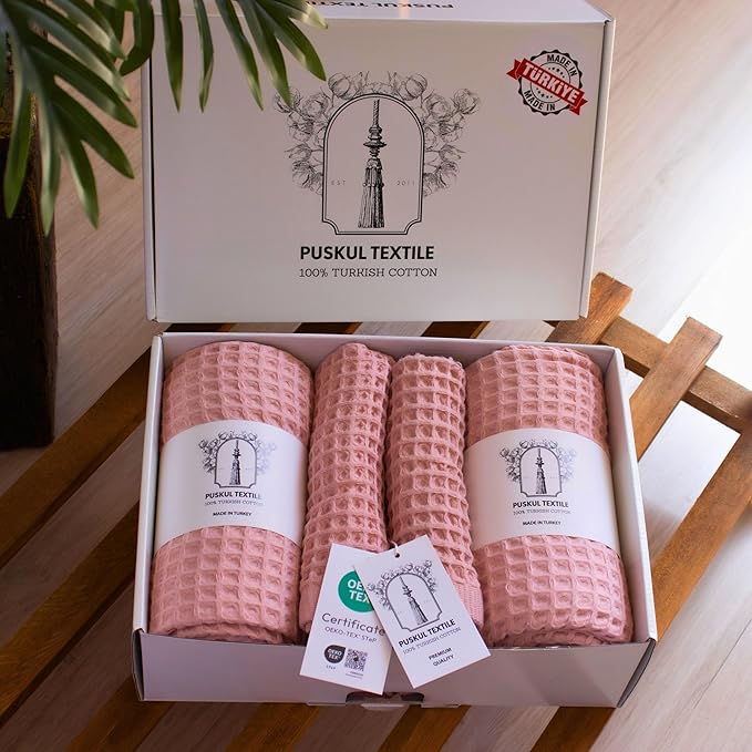 PÜSKÜL - Premium Waffle Towel Set 4 Pieces Pink - Organic 100% Turkish Cotton Quick-Dry Towels for Bathroom Made in Turkiye (Pink Powder, Towel Set - 2 Hand & 2 Bath Towels)