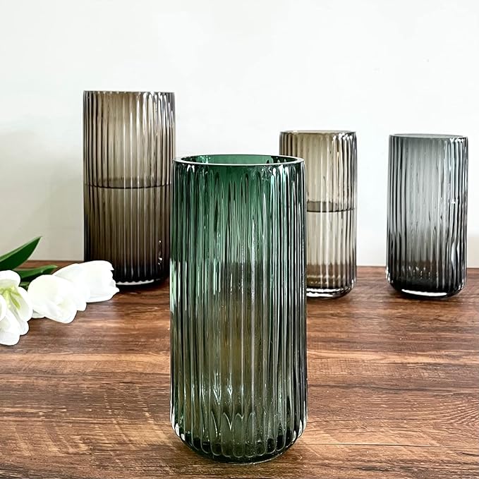 BUICCE Hand Blown Wide Mouth Ribbed Glass Flower Vase for Farmhouse Decor,Round Vintage Foding Bottles for Kitchen Dining Table Cafe Home Shelf Wedding Centerpiece.