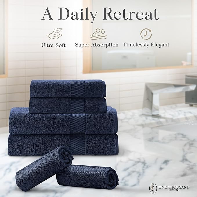 Premium Staple Cotton Bathroom Towel Set - Navy 600 GSM 6-Piece Luxury Bath Towel Set 1 Stripe - 2 Bath Towels, 2 Hand Towels & 2 Washclothes Set - High Absorbent & Quick Dry for Gym, Spa, Hotel