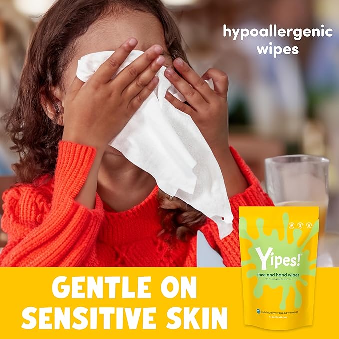 Yipes! Kids Face and Hand Wipes | Compostable Wet Wipes for Sensitive Skin | Individually Wrapped | Classroom Must Haves | Travel Essentials | For Backpacks, Lunchboxes, Classroom Supplies | 4 pack