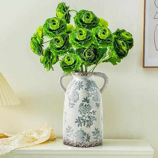 Enra Tall Vintage Blue and White Ceramic Vase with Handle, 11.2 Inch Chinoiserie Decorative Floral Vase, Large Rustic Ceramic Vase for Living Room, Office, Bookshelf, Home Decor