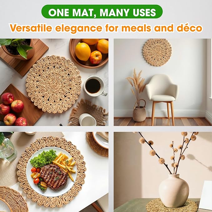 Handmade Round Woven Placemats Set of 6 – Natural Corn Husk Woven Place Mats – Heat Resistant, Non-Slip Wicker Table Mats – Rattan Round Placemats – for Dining, Weddings, Christmas & New Year Décor