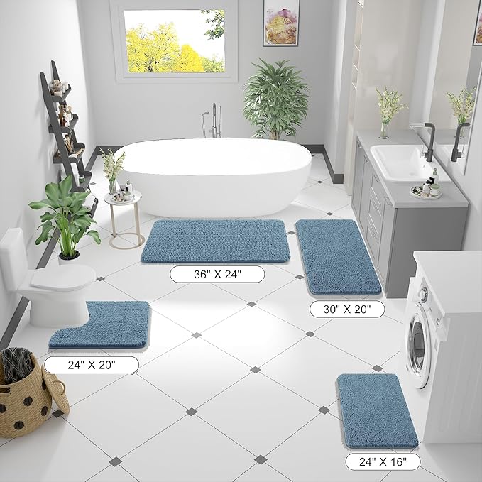 OLANLY Bathroom Rugs 24x16, Extra Soft Absorbent Chenille Bath Rugs, Rubber Backing Quick Dry, Machine Washable Bath Mats for Bathroom Floor, Tub and Shower, Home Decor Accessories, Airy Blue