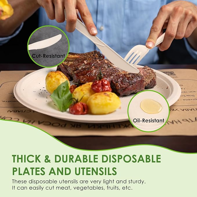 400PCS Disposable Paper Plates Set, Compostable Eco-friendly Dinnerware Set, Biodegradable Heavy-Duty Paper Plates, Utensils, Cups and Straws for Party Camping Natural Brown