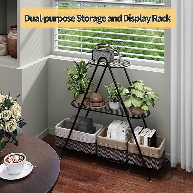 Plant Stand for Patio, 3-Tier Metal Plant Shelf–Indoor/Outdoor Display Rack for Multiple Pots, Heavy Duty Plants, Garden Flower Organizer (Black)