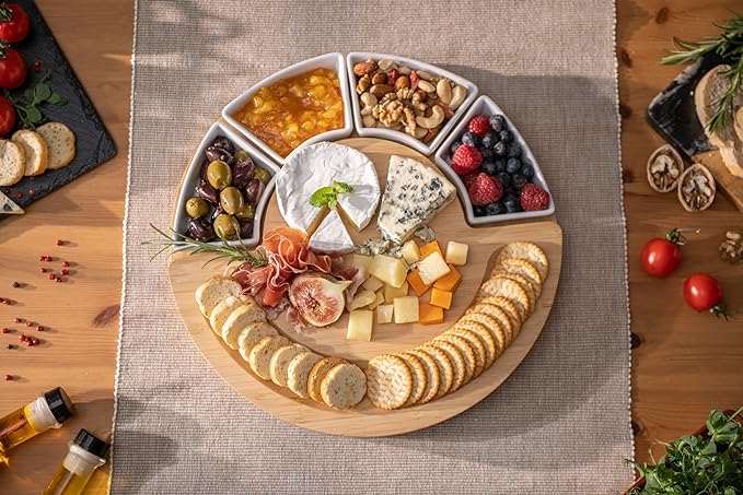ChefSofi Charcuterie Board Set and Cheese Serving Platter - Made from Bamboo Wood - US Patented 13 inch Cheese Board and Knife Set for Entertaining and Serving - 4 Knives and 4 Bowls