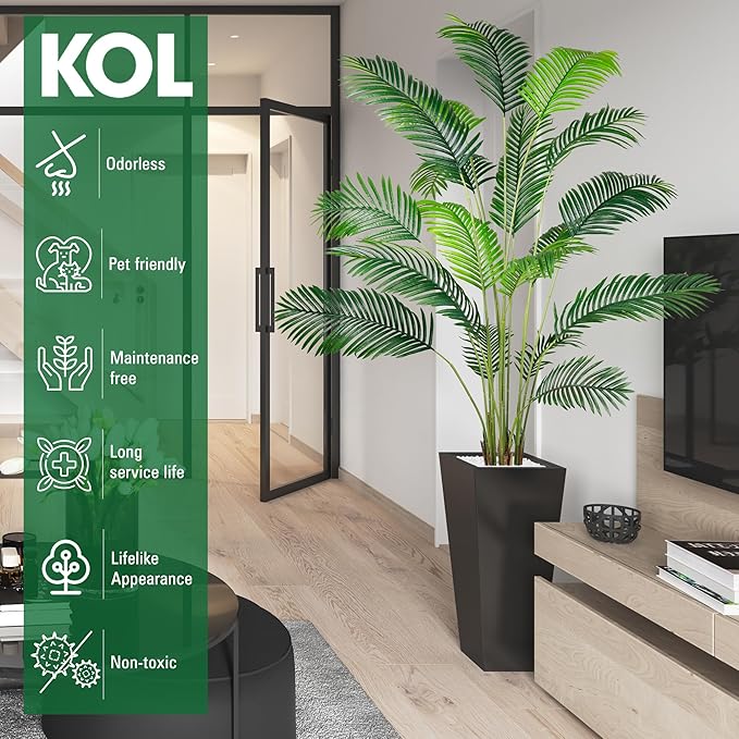 KOL 7ft 2-Pack Artificial Areca Palm Plant in Pot, Fake Tropical Cane Palm Silk Tree Indoor Outdoor, Dypsis Lutescens Plants, 82.7in Lifelike Faux Silk Plant Home Garden Decoration, Housewarming Gift