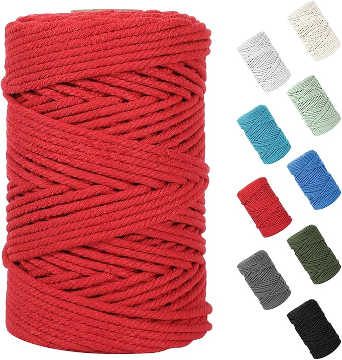 Macrame Cord 5mm x 109Yards (328Feet), Natural Cotton Macrame Rope - 4 Strands Twisted Macrame Cotton Cord for Wall Hanging, Plant Hangers, Crafts, Gift Wrapping and Wedding Decorations, Red