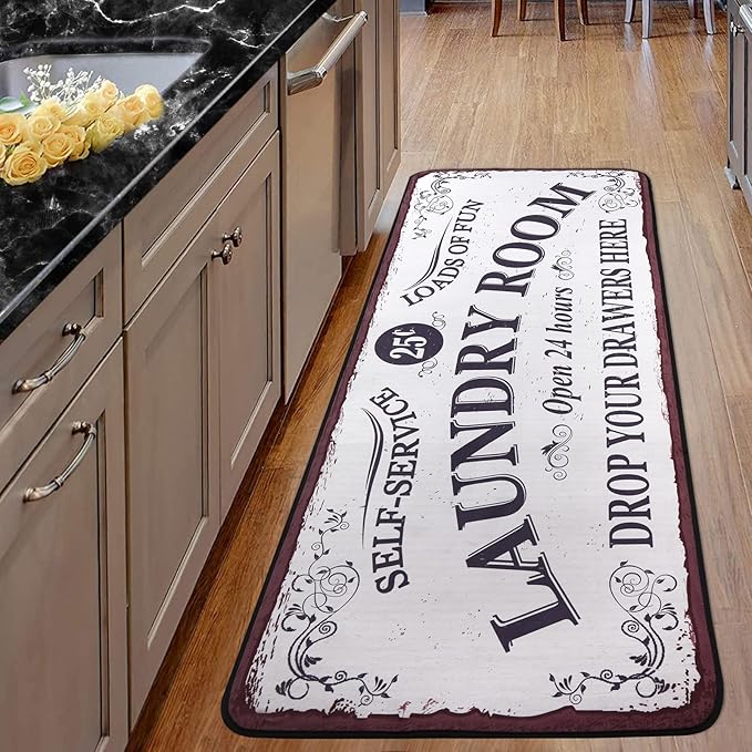 Laundry Room Long Rug Area Rug Non-Slip Floor Mat Waterproof Farmhouse Carpet for Kitchen 72" x 24"(White-1)