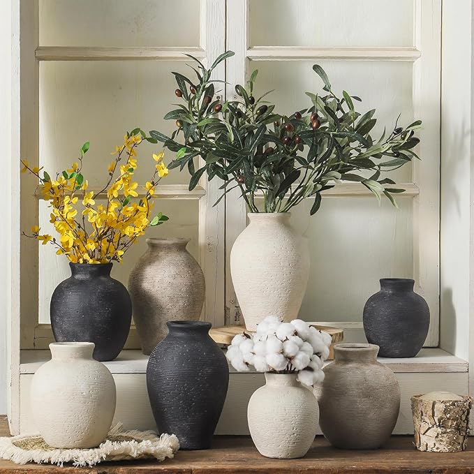 Ceramic Flower Vase Home Decor - Large Farmhouse Table Vases Rustic Vintage Living Room Kitchen Bedroom Decorations for House Book Shelf Office Coffee Desk Dining Fireplace (9" Rustic)