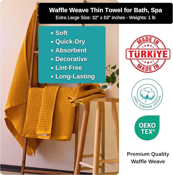 PÜSKÜL Premium Waffle Bath Towels Set of 2 - Organic 100% Turkish Cotton Bath Towel - Quick Dry, Absorbent, Light, Thin, 32x63 Large Waffle Towels (Mustard Yellow Bath Towels - Pack of 2)