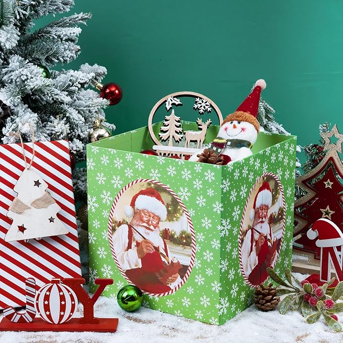 RUSPEPA Christmas Gift Box with Lid, Vintage Classic Santa Claus Painting Design, Medium Collapsible Holiday Present Box with Ribbon, Tissue Paper for Gift Wrap, Candy Storage, 9x9x9 Inches, 1 Pcs