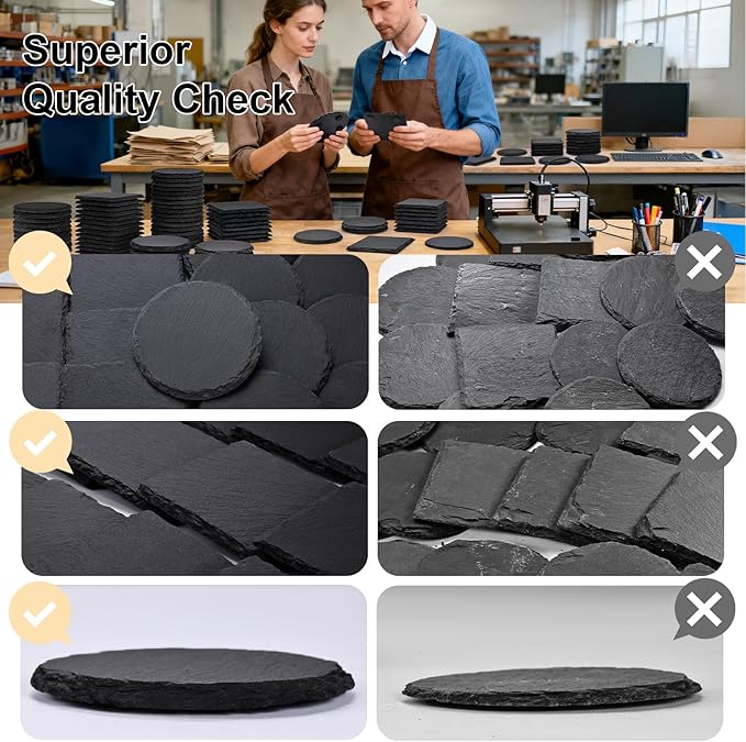36 PCS Slate Coasters Bulk for Drinks, 4 Inch 18 PCS Natural Handmade Black Stone Square, 18 PCS Round Coasters for Laser Engraving, Gifts, Halloween Christmas, Home Decor