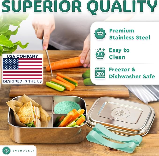 Everusely - Bento Box - Green, 60oz / 1.8 L - Stainless Steel Lunch Box with Leakproof Condiment Container - 3 Compartment Snack Organizer for On the Go Meals - Freezer & Dishwasher Safe