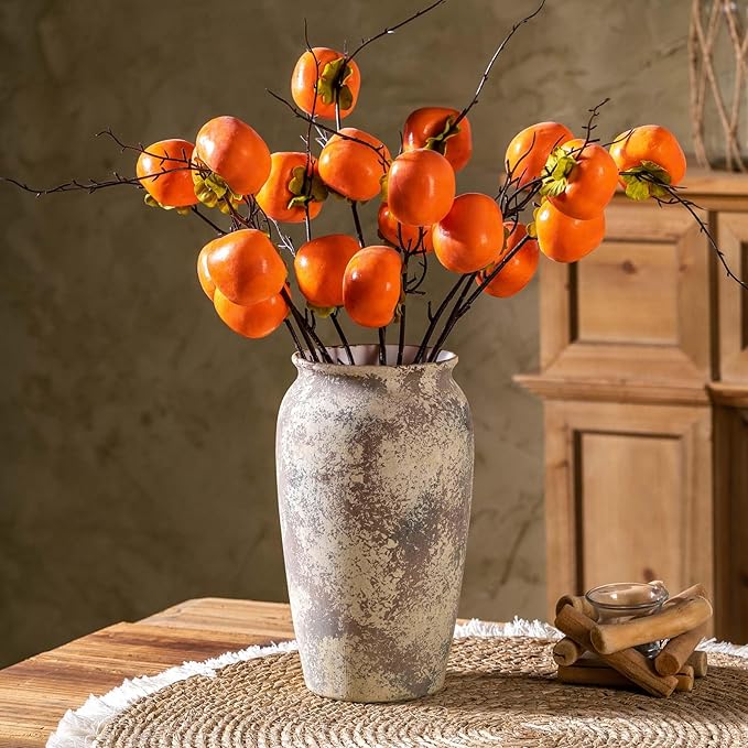 Vintage Ceramic Farmhouse Flower Large Vase, Rustic Terra Cotta Tall Floor Stone Vases, Pottery Decorative Flower Vase for Home Decor, Table, Living Room Decoration, Shelf Decor, Mantel, 9.8 Inch