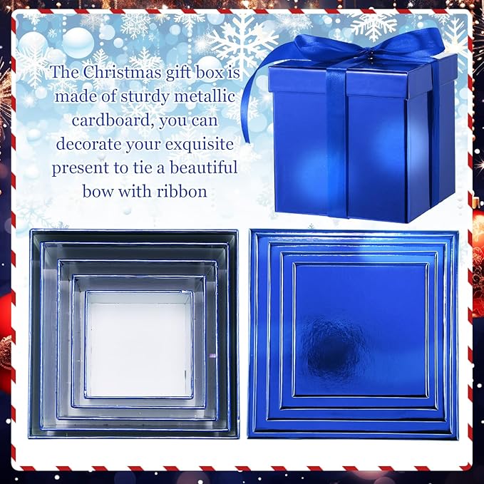 Cholemy 5 Pcs Square Nesting Boxes Decorative Gift Boxes with Lid and Ribbon Assorted Sizes Wrap for Wedding, Thanksgiving, Christmas, Anniversary, Birthday, Bridal Party(Shiny Blue)