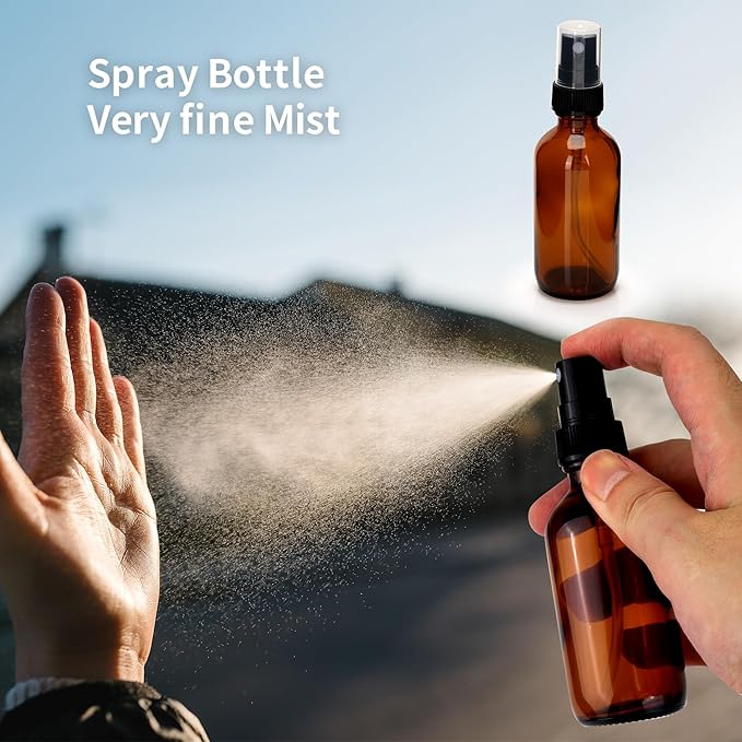 24 Pack Amber Glass Spray Bottles 2 oz Small Empty Fine Mist Spray Bottle with Funnel and Label for Travel, Essential Oils