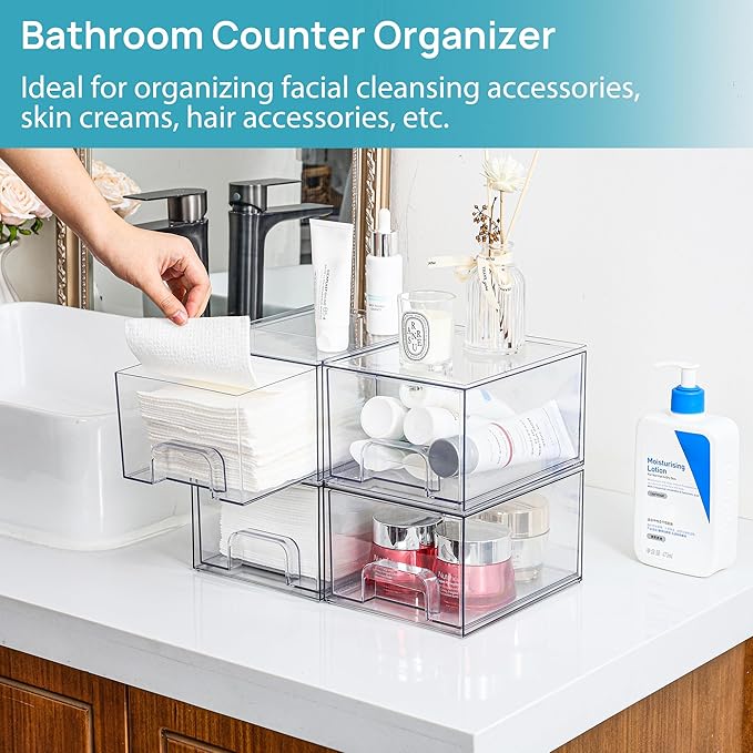 Vtopmart 2 Pack Small Clear Stackable Storage Drawers,Acrylic Bathroom Makeup Organizer,Plastic Storage Bins For Vanity, Undersink, Kitchen Cabinets, Pantry, Home Organization