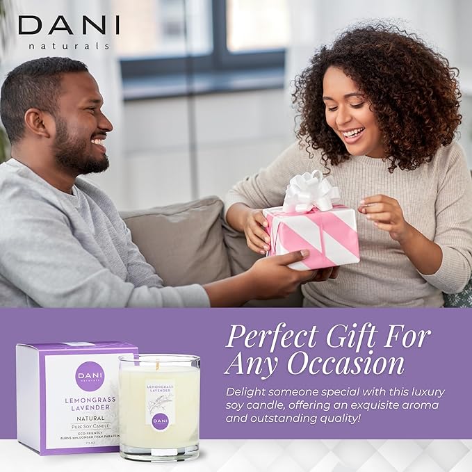 DANI Naturals Soy Candle - Lemongrass Lavender Scented, 100% Pure Soy Wax, Kosher, Non-Toxic, Long-Lasting Burn - 7.5 oz