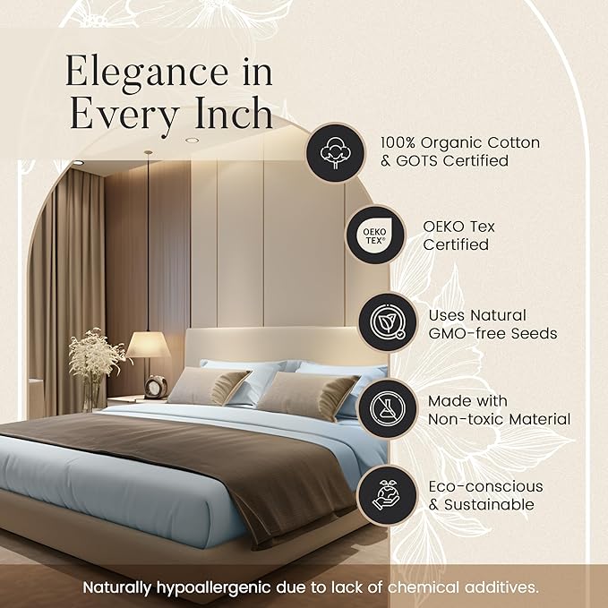 CHATEAU HOME COLLECTION Organic Cotton Sheets Queen Size Bed Set Deep Pockets, 300 TC Cotton Queen Sheet Set, Soft Breathable Elasticated Sheet & Pillowcase Sets, Machine Washable- Light Blue