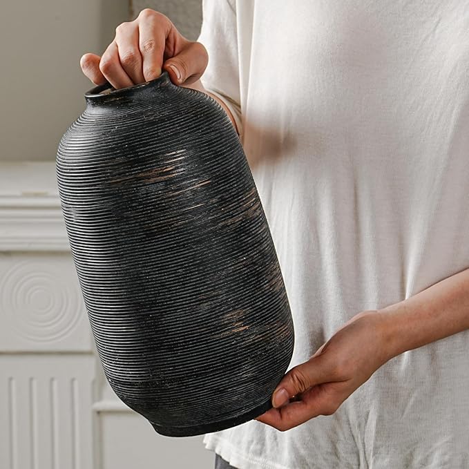 Large Tall Ceramic Vase, 10.8 inch Bronze Minimalist Textured Flower Vase, Rustic Farmhouse Decor for Home, Living Room, Shelf, Table, Bathroom & Entryway Decoration (Black Bronze)