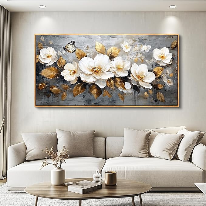 FUHAIHUA Large Wood Framed Wall Decor For Living Room Canvas Wall Art For Office Modern Wall Decorations For Bedroom White Flower Painting Farmhouse Pictures Artwork Room Home Decor 24x48 In