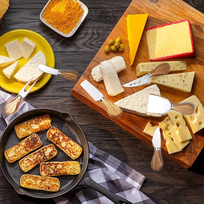 Premium 6-Piece Cheese Knife Set - Acacia Wood Handle Stainless Steel Cheese Knives for Charcuterie Board