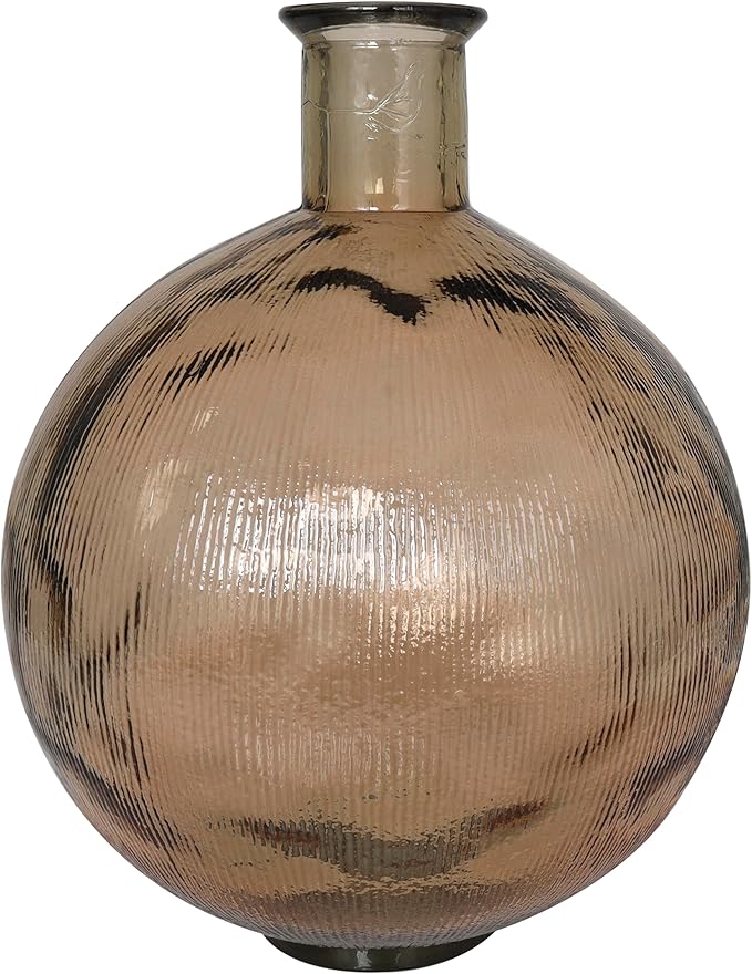 Deco 79 Recycled Glass Handmade Decorative Vase Spanish Bottle Neck Ribbed Centerpiece Vase, Flower Vase for Home Decoration 13" x 13" x 17", Brown