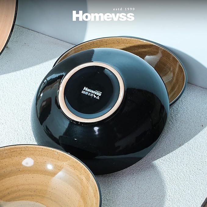 Sonoma 16pc Stoneware Dinnerware Set, Outside Black + Inside Hand Painting Color Mocha