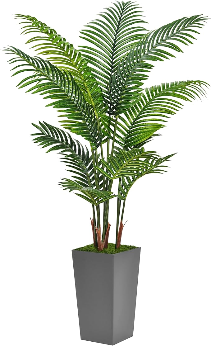 Artificial Palm Tree 5FT - Fake Tree with Gray Tall Planter - Faux Tropical Areca Floor Plant in Pot - Artificial Silk Plant for Home Office Living Room Decor Indoor
