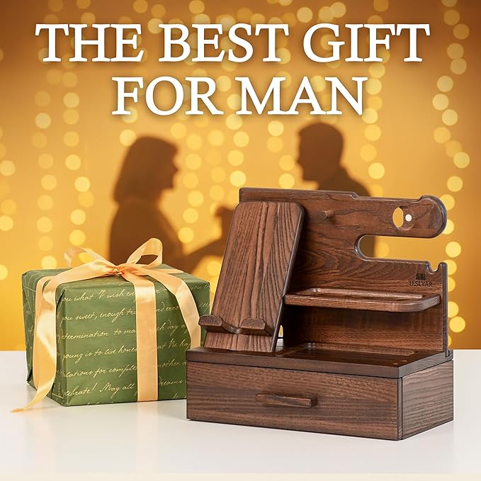 TESLYAR Wood Phone Docking Station with Drawer - Nightstand Organizer - Desk Organizer for Husband - Birthday Gifts for Men, Dad, Anniversary Idea, Key Holder Stand Watch & Accessories (Bourbon Brown)