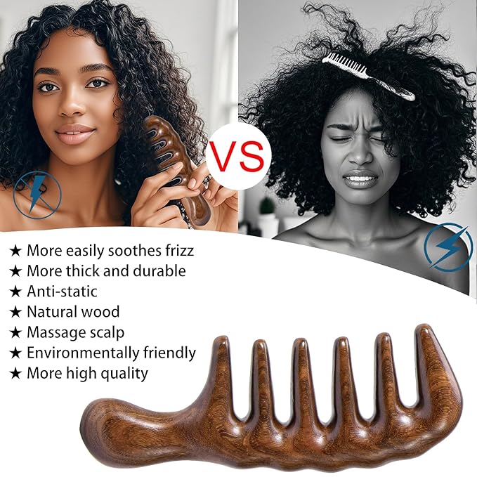 Hair Comb Wooden Wide Tooth Combs for Curly, Natural Golden Sandalwood Thicken Hair Comb for Head Scalp Massager, Detangles Wet or Dry Curly, Thick, Wavy, Anti-static