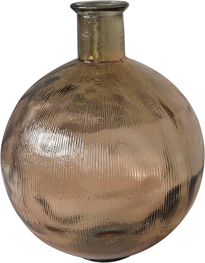 Deco 79 Recycled Glass Handmade Decorative Vase Spanish Bottle Neck Ribbed Centerpiece Vase, Flower Vase for Home Decoration 13" x 13" x 17", Brown