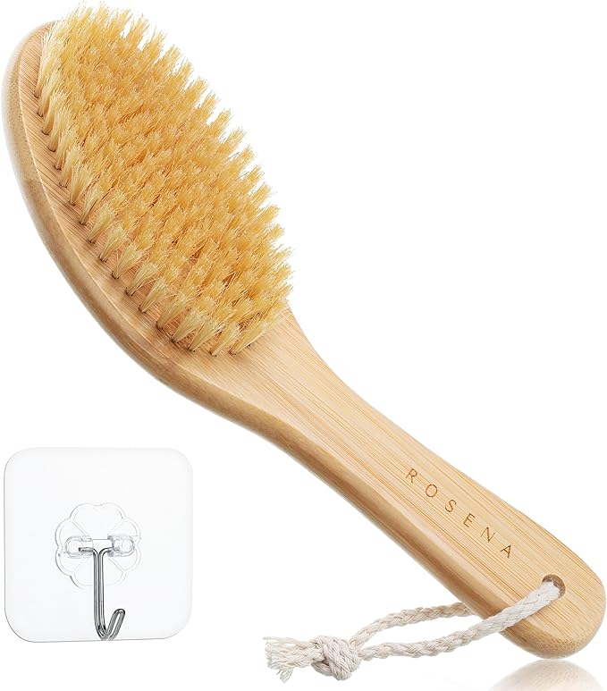 ROSENA Dry Brushing Body Brush with Curved Handle - Dry Brush Natural Boar Bristles, Bamboo, Ergonomic Design for Exfoliating & Lymphatic Drainage, Sustainable Materials