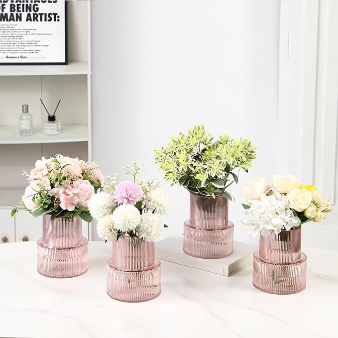 Ribbed Glass Vases, Set of 4 Small Vases for Flowers, Pink Glass Vase for Tulips, Modern Vase for Living Room, Kitchen, Office, Entryway, Bookshelf, Wedding Gifts, Birthday, 6 Inches