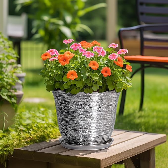 Ceramic Planter - 12 Inch Pots for Plants Indoor Outdoor, Round Planter with Drainage Hole and Saucer, Modern Decorative Planters, Large Plant Pot, House Patio Decor, Garden Gifts, Silver