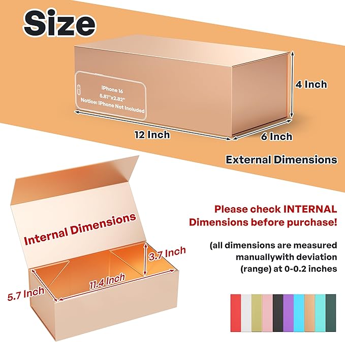 Rose Gold Gift Box, 12x6x4'' Gift boxes for Presents with Lids Magnetic Closure Rectangle Collapsible for Bridesmaid Proposal Box, Wedding, Christmas, Halloween, Birthday Gift Packging