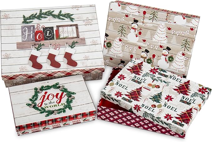 Christmas Gift Boxes with Lids for Presents Set of 4 Gift Boxes Bulk White in Assorted Designs Wrapping Robe Boxes Large White Red and Green Xmas Gift Boxes for Christmas Birthdays Wedding Wrap Gifts