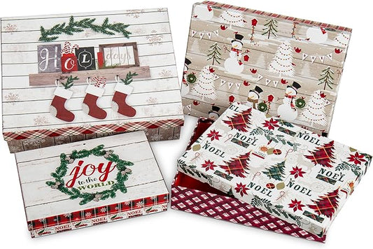 Christmas Gift Boxes with Lids for Presents Set of 4 Gift Boxes Bulk White in Assorted Designs Wrapping Robe Boxes Large White Red and Green Xmas Gift Boxes for Christmas Birthdays Wedding Wrap Gifts