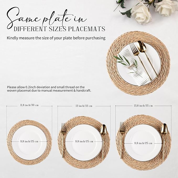 Round Woven Placemats Set of 10, Natural Water Hyacinth Place mats, 13 inch Rattan Placemat Wicker Placemats Farmhouse Boho Braided Heat Resistant Outdoor Placemat Patio Table Place Mat